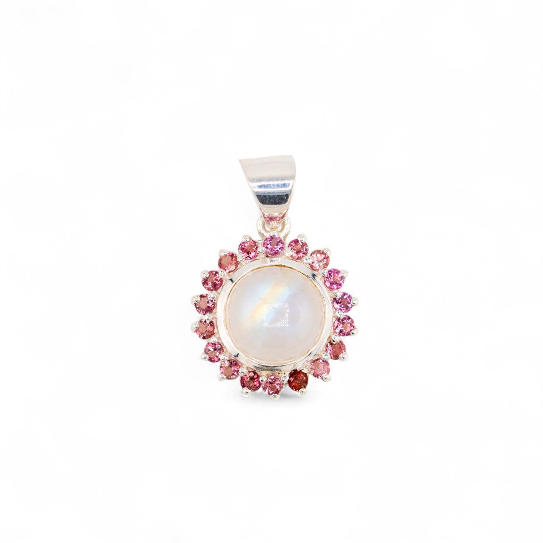 Laxmi rainbow moonstone and pink tourmaline pendant
