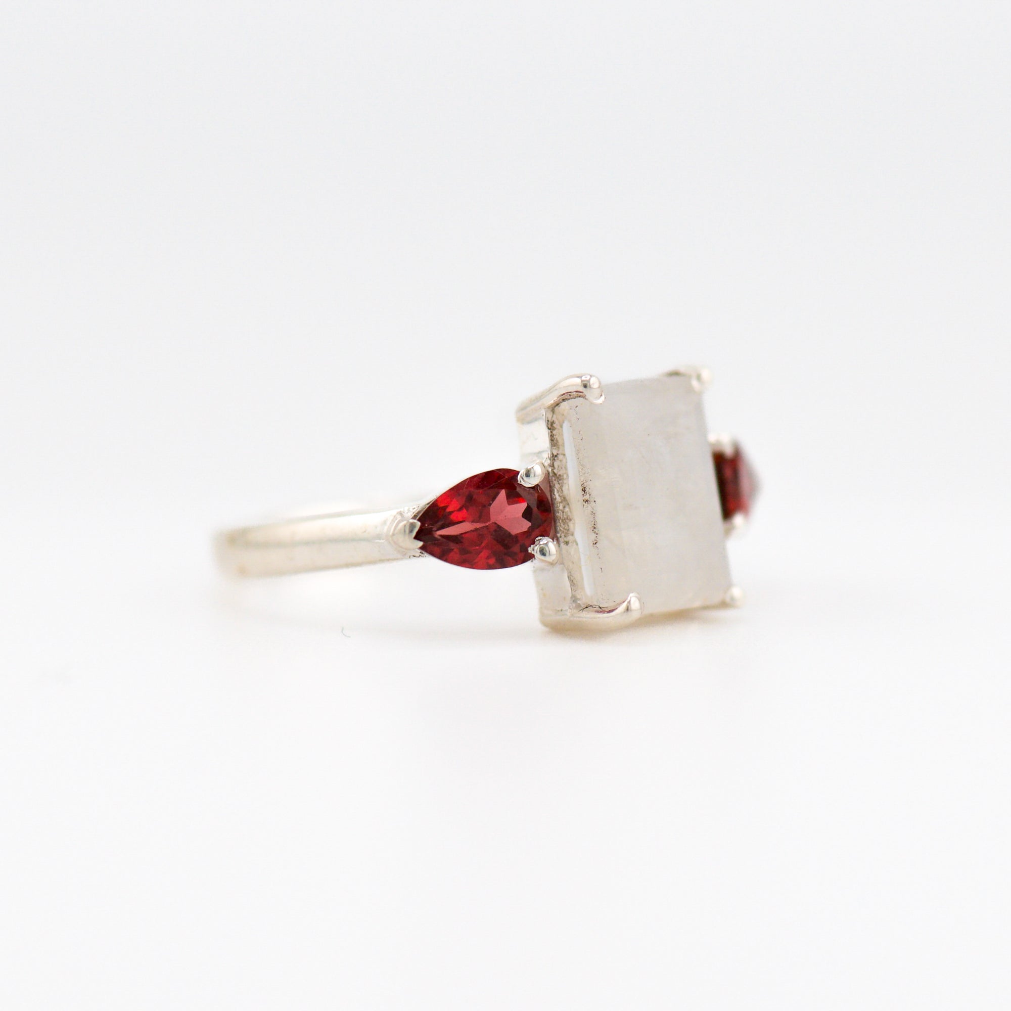 Gaia moonstone and garnet ring