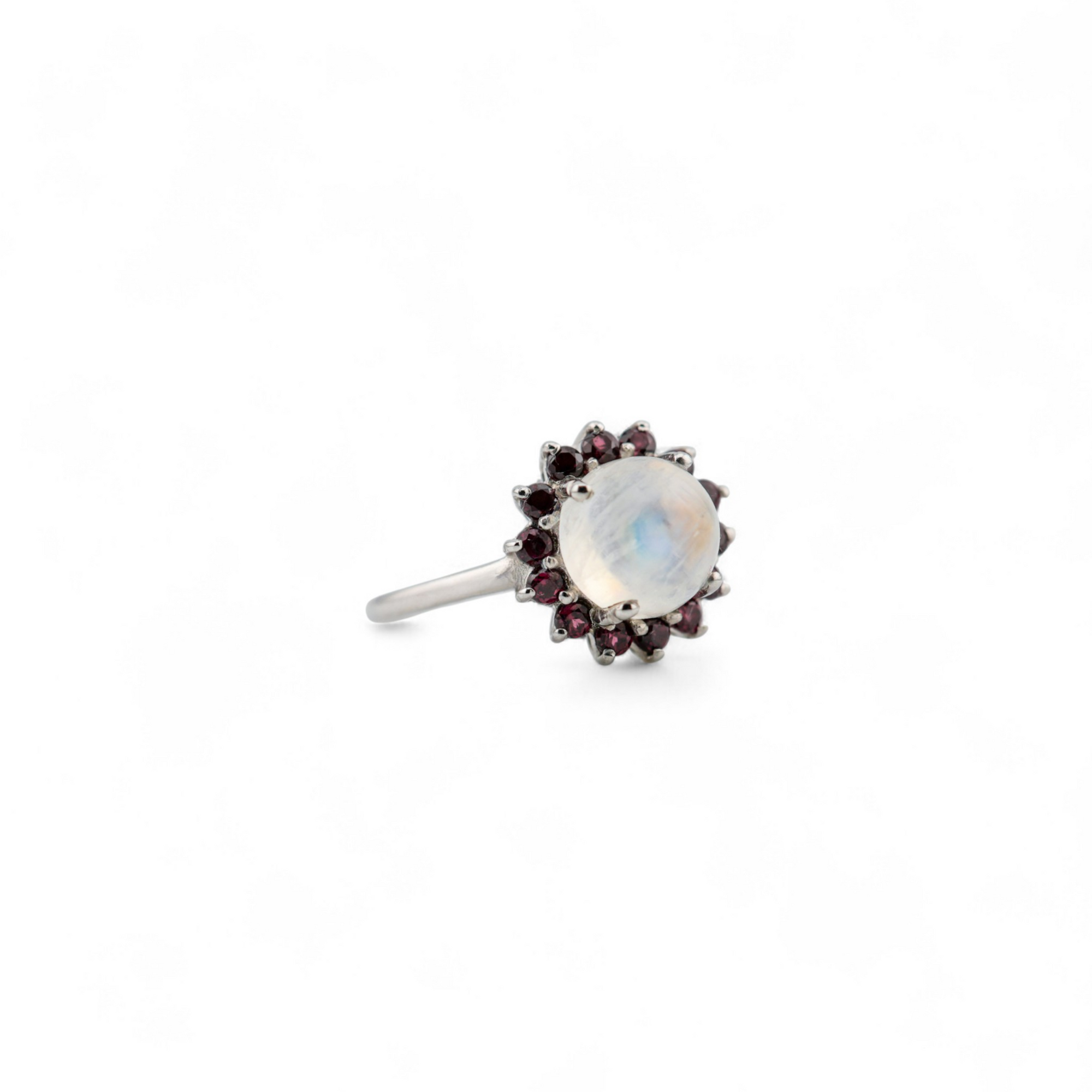 Laxmi moonstone and garnet ring