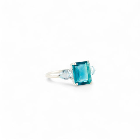 Gaia fluorite with blue topaz ring