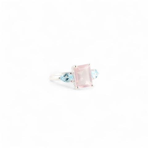 Gaia rose quartz with blue topaz ring