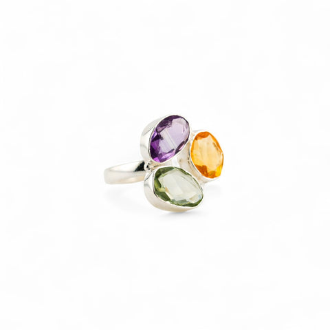 Amethyst, citrine and green amethyst trinity ring