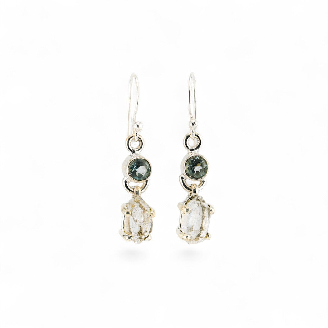 Black rutile quartz and blue topaz earrings