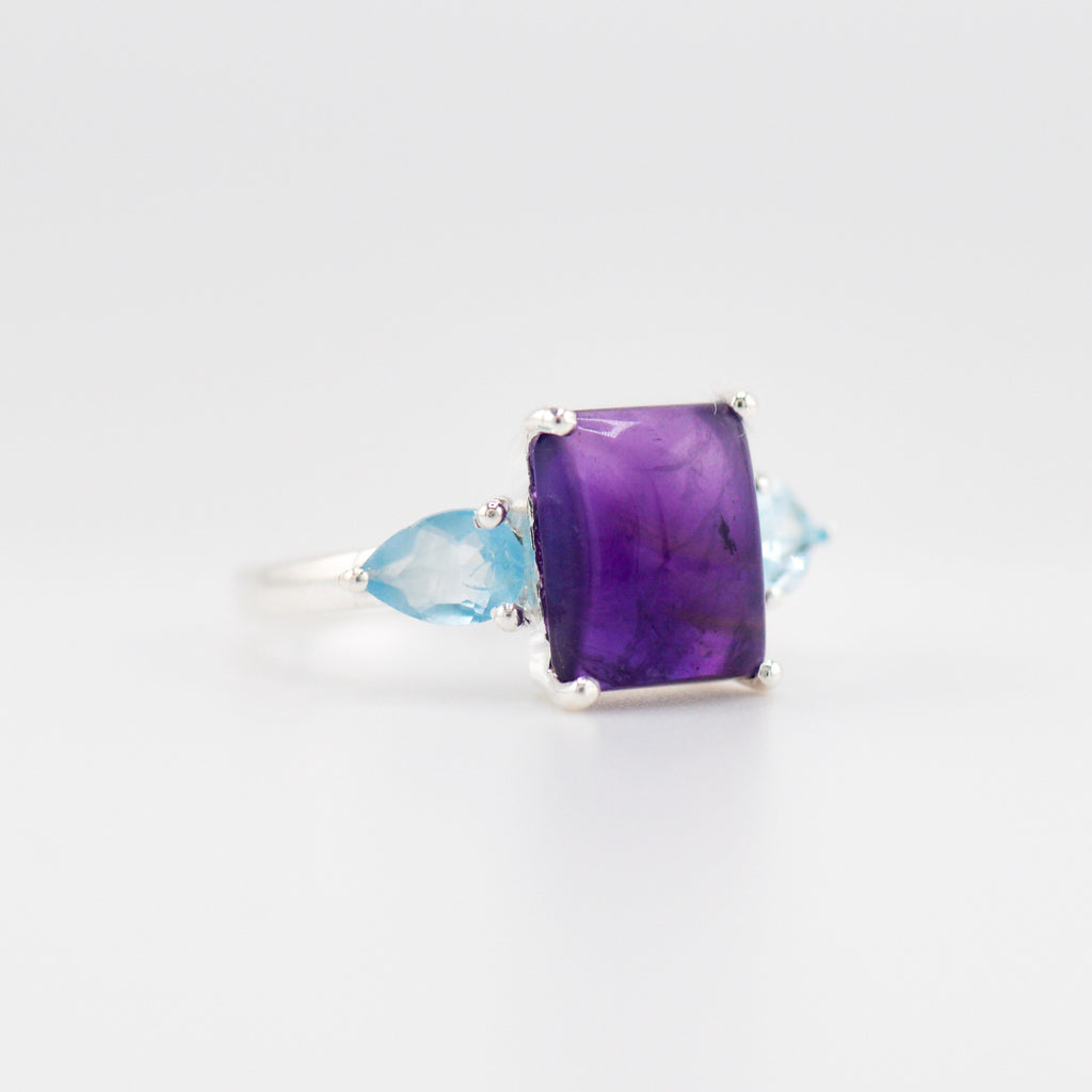 Gaia amethyst and blue topaz ring