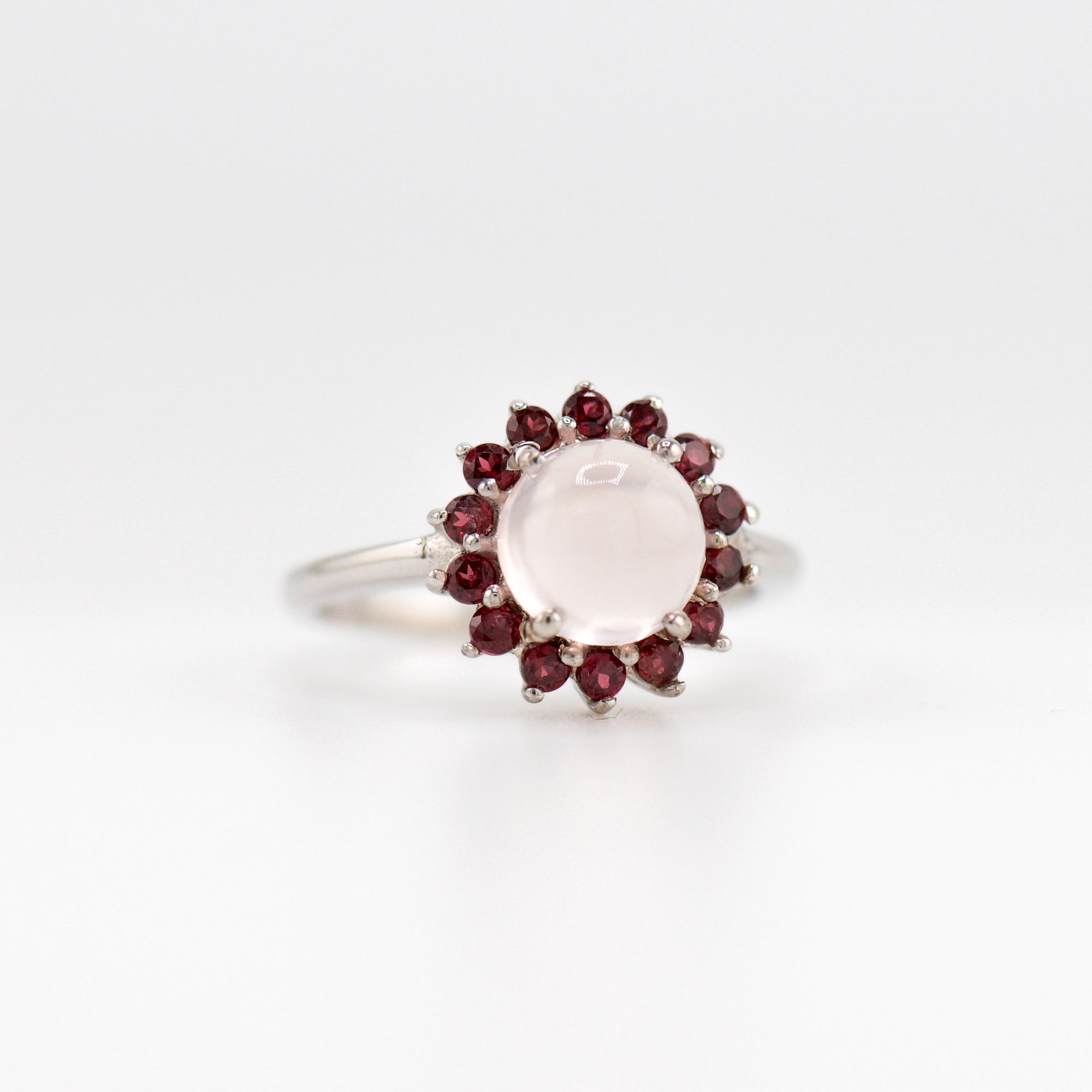 Laxmi rose quartz and garnet ring