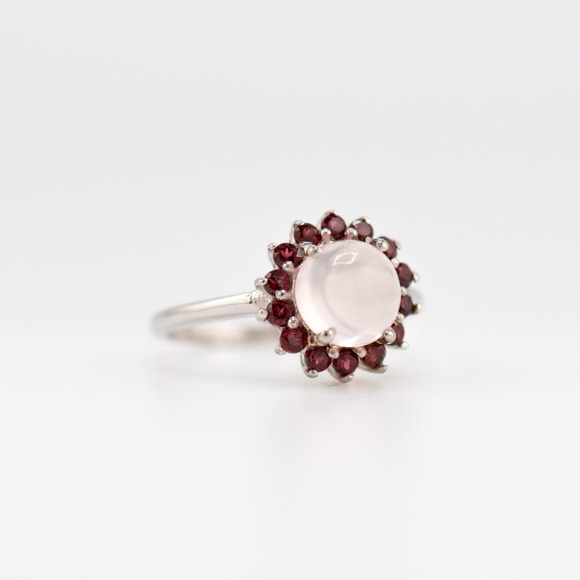 Laxmi rose quartz and garnet ring