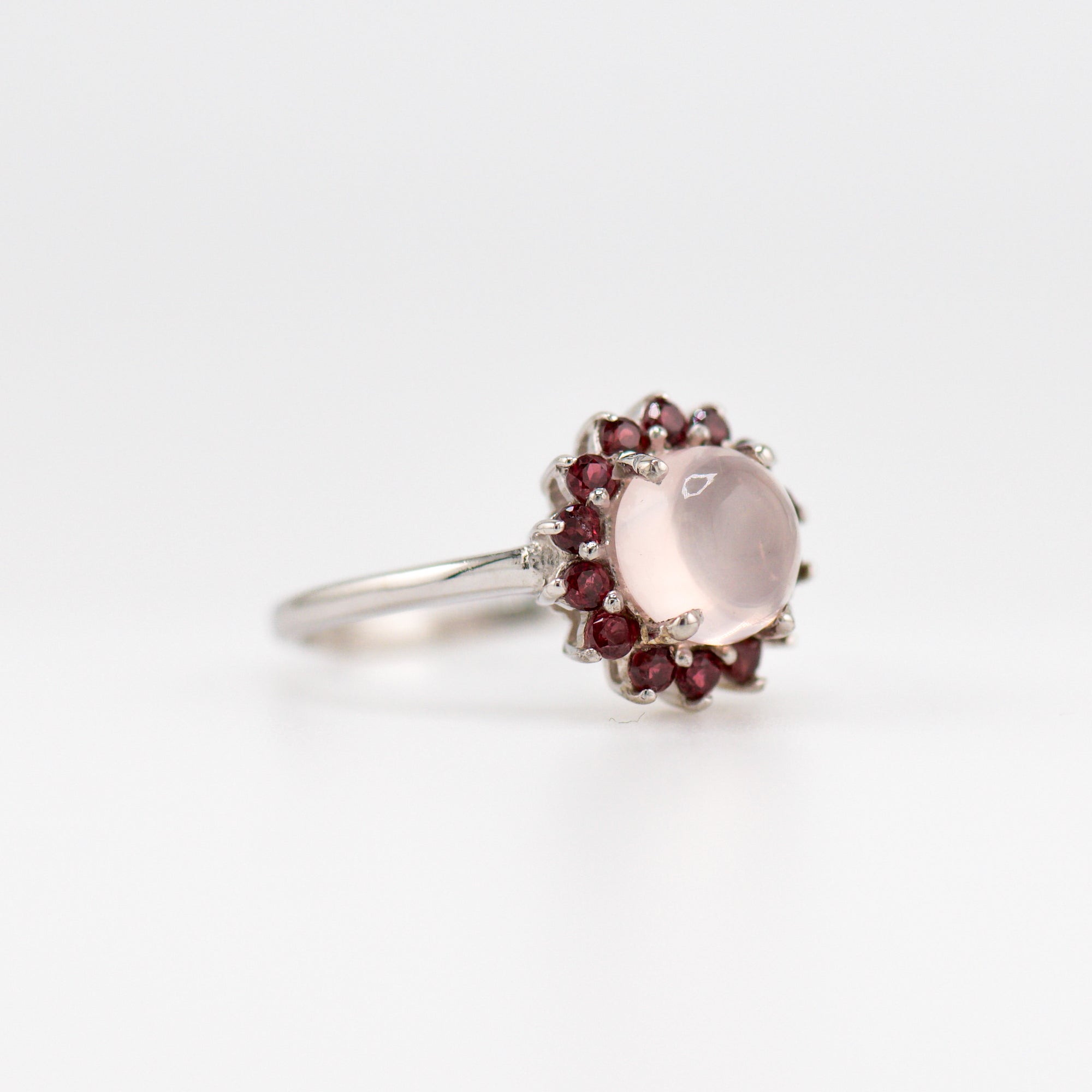 Laxmi rose quartz and garnet ring