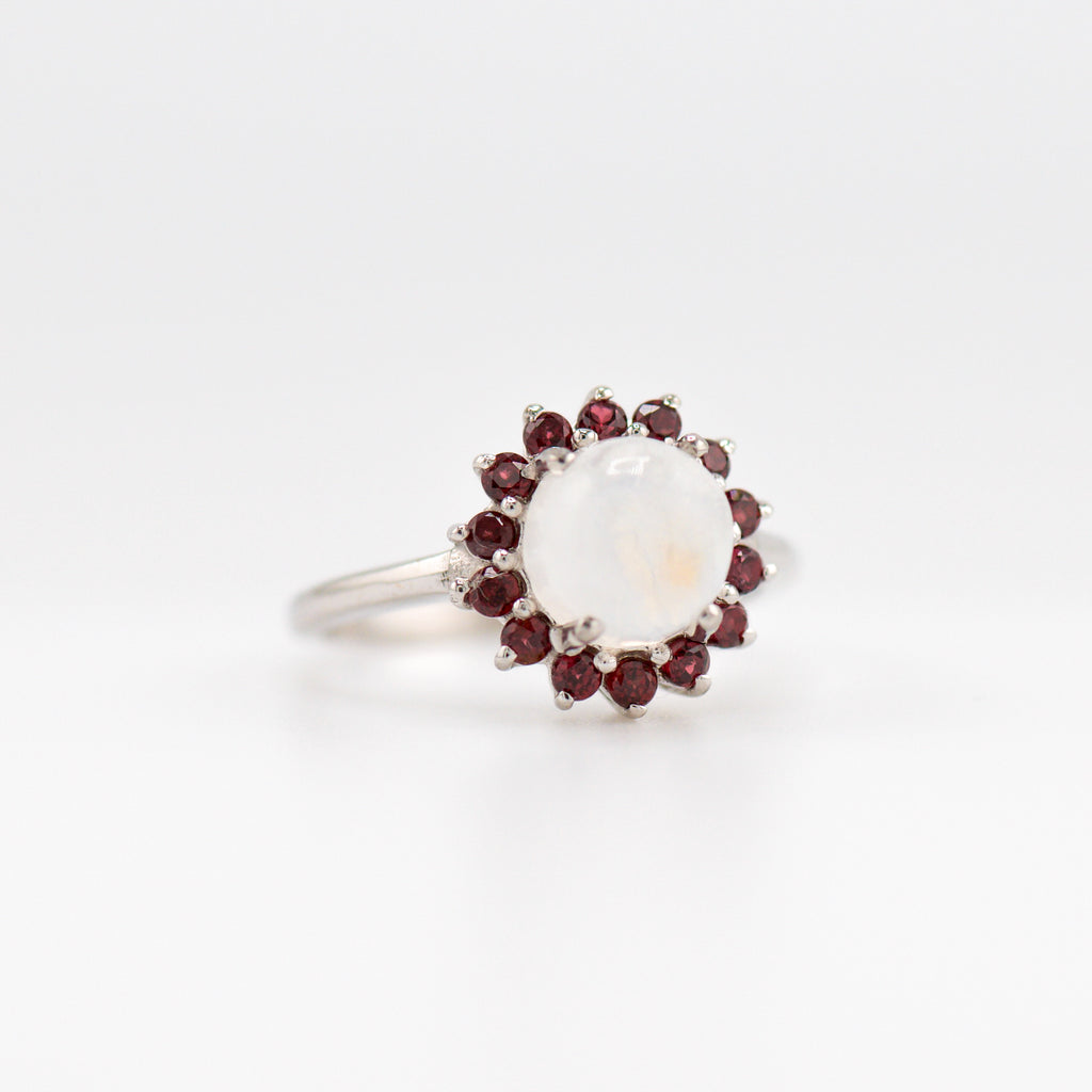 Laxmi moonstone and garnet ring