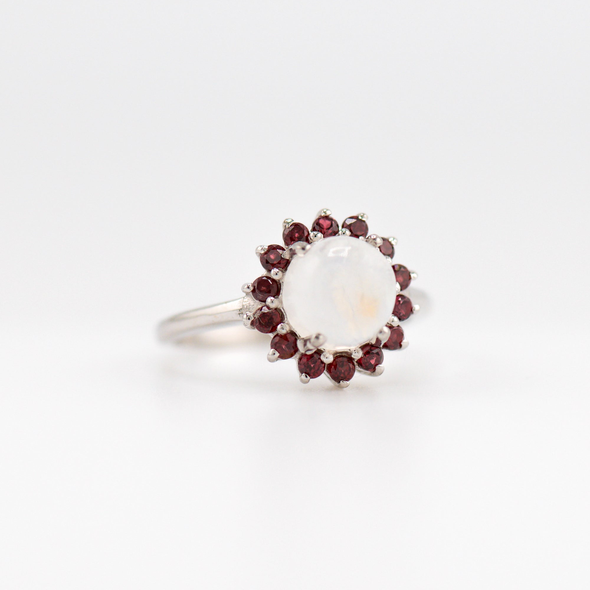 Laxmi moonstone and garnet ring
