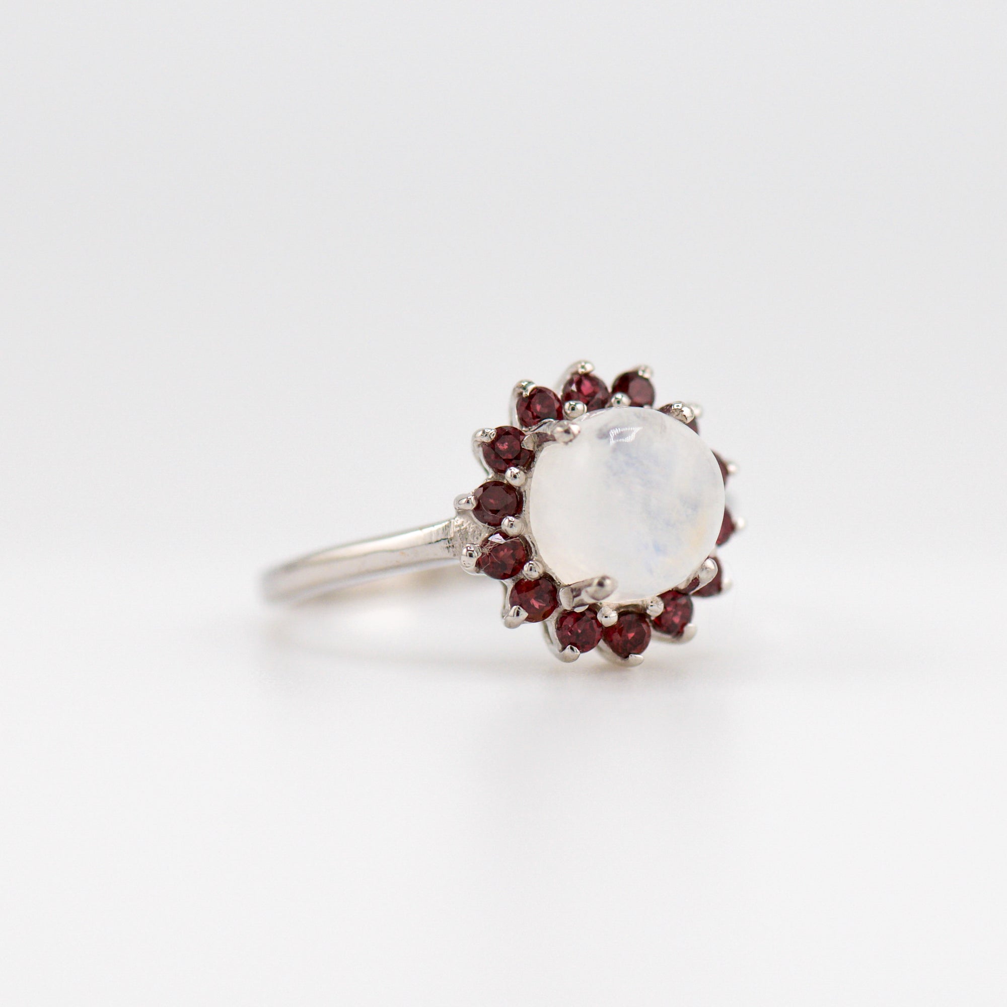 Laxmi moonstone and garnet ring