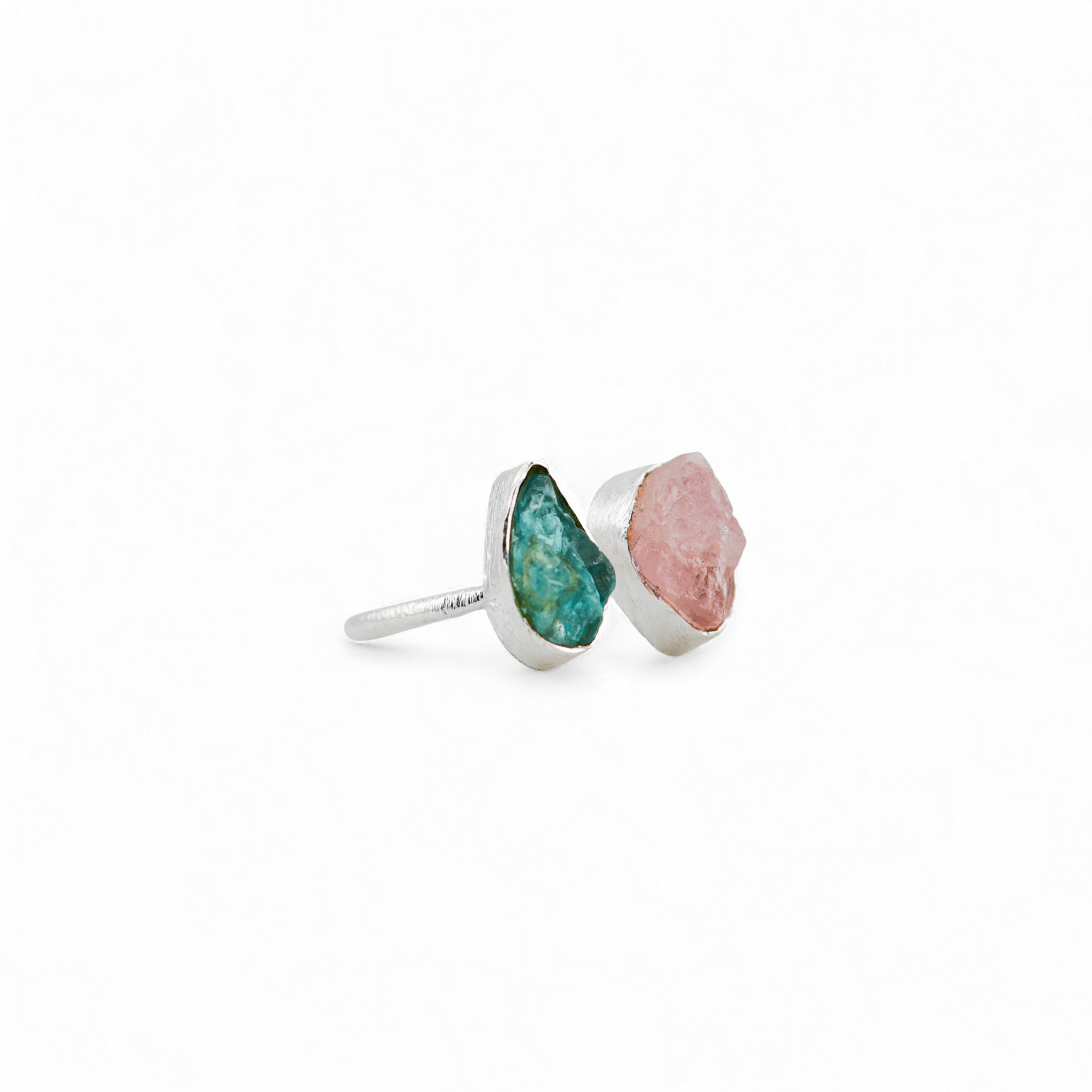 Rough apatite and morganite twin matte ring