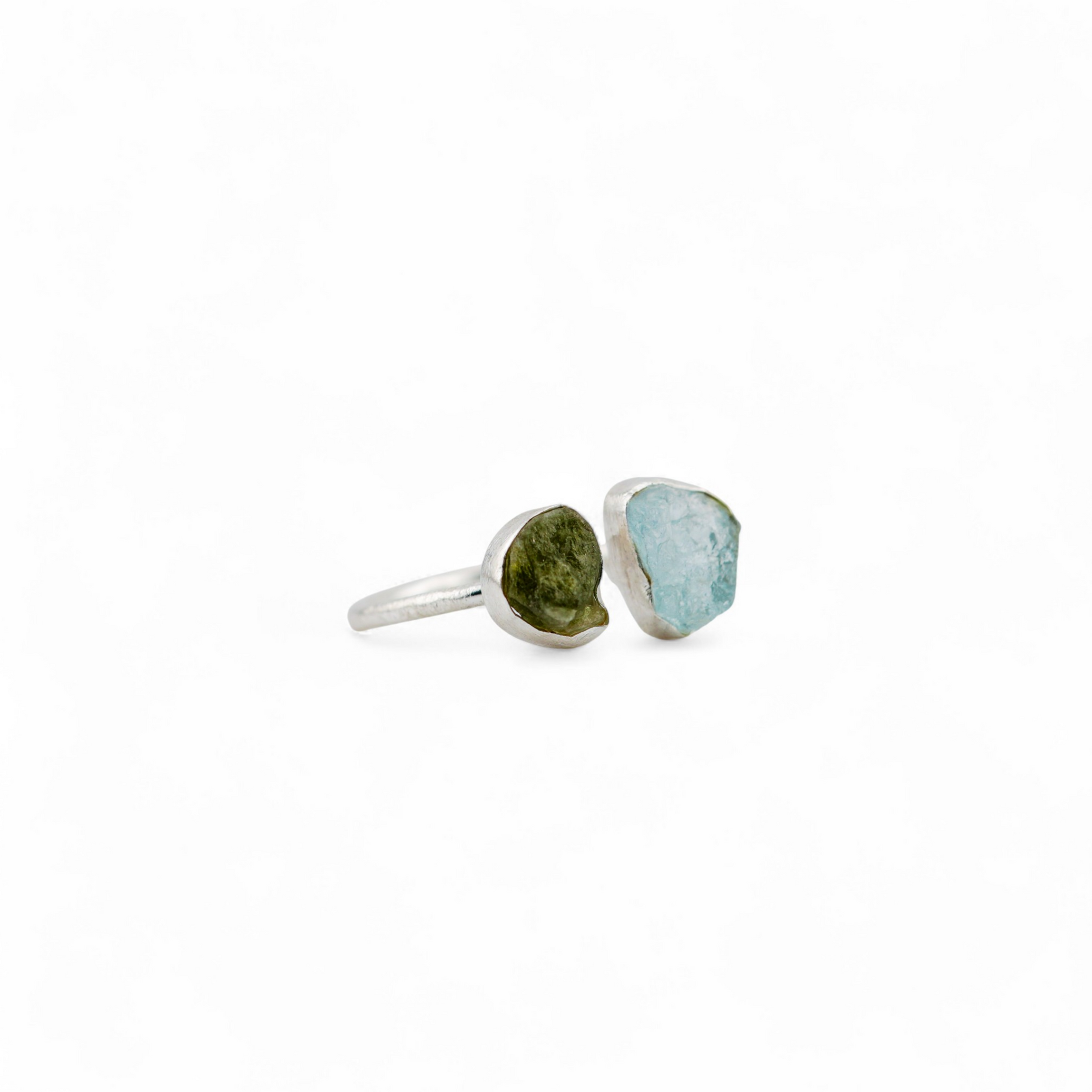 Rough tourmaline and aquamarine twin matte ring
