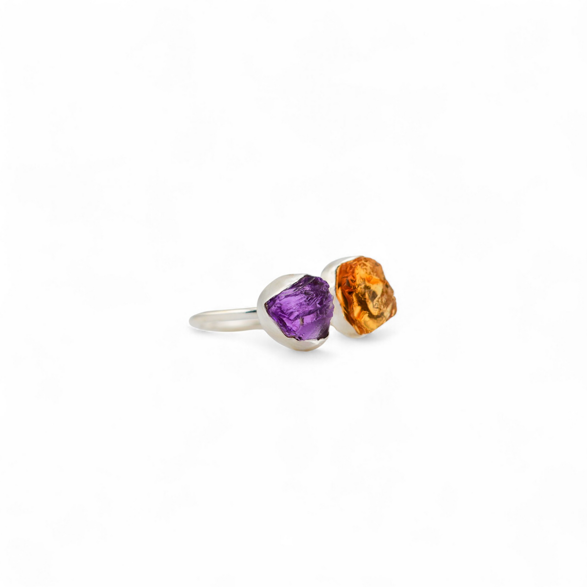 Rough amethyst and citrine twin ring