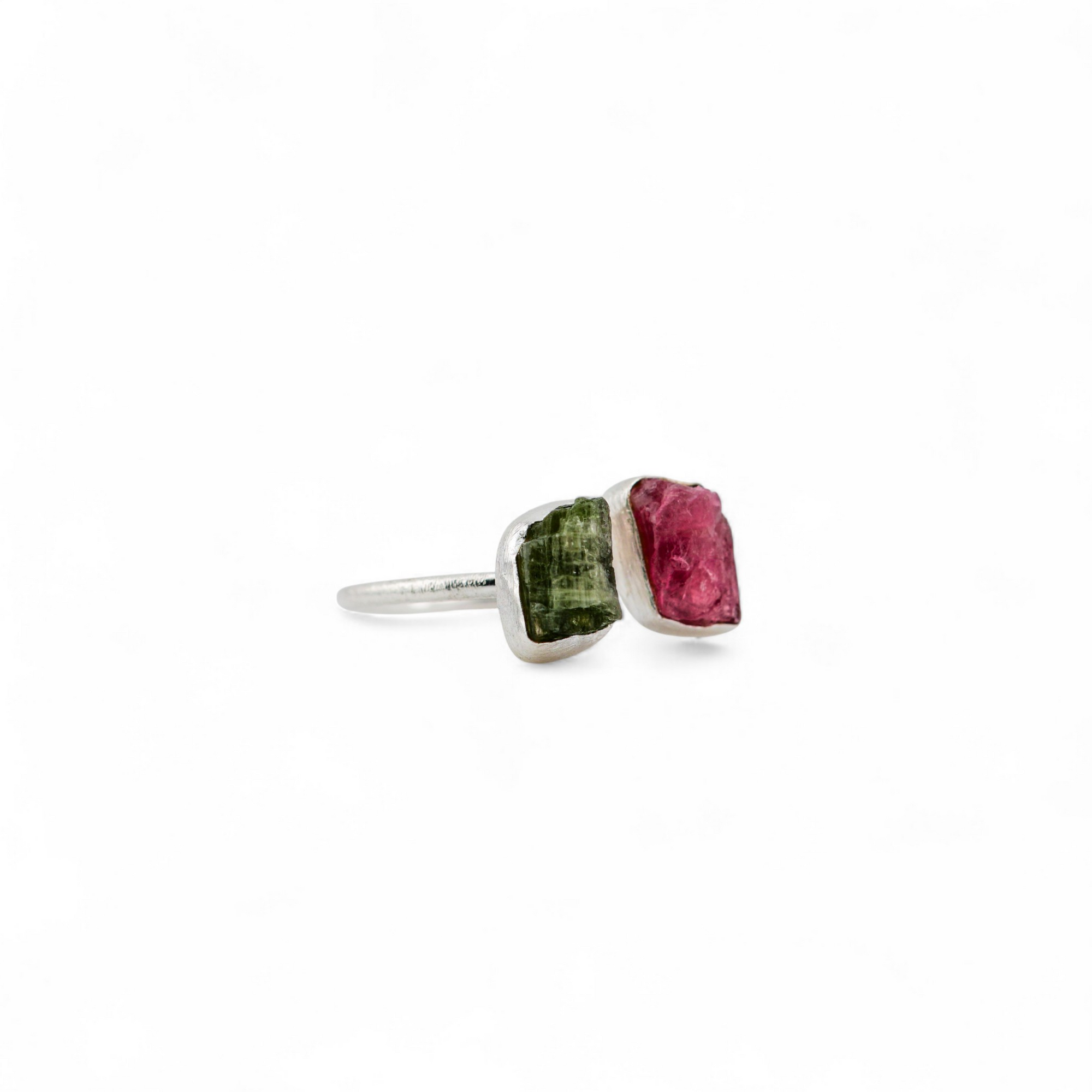 Rough twin pink and green tourmaline matte ring