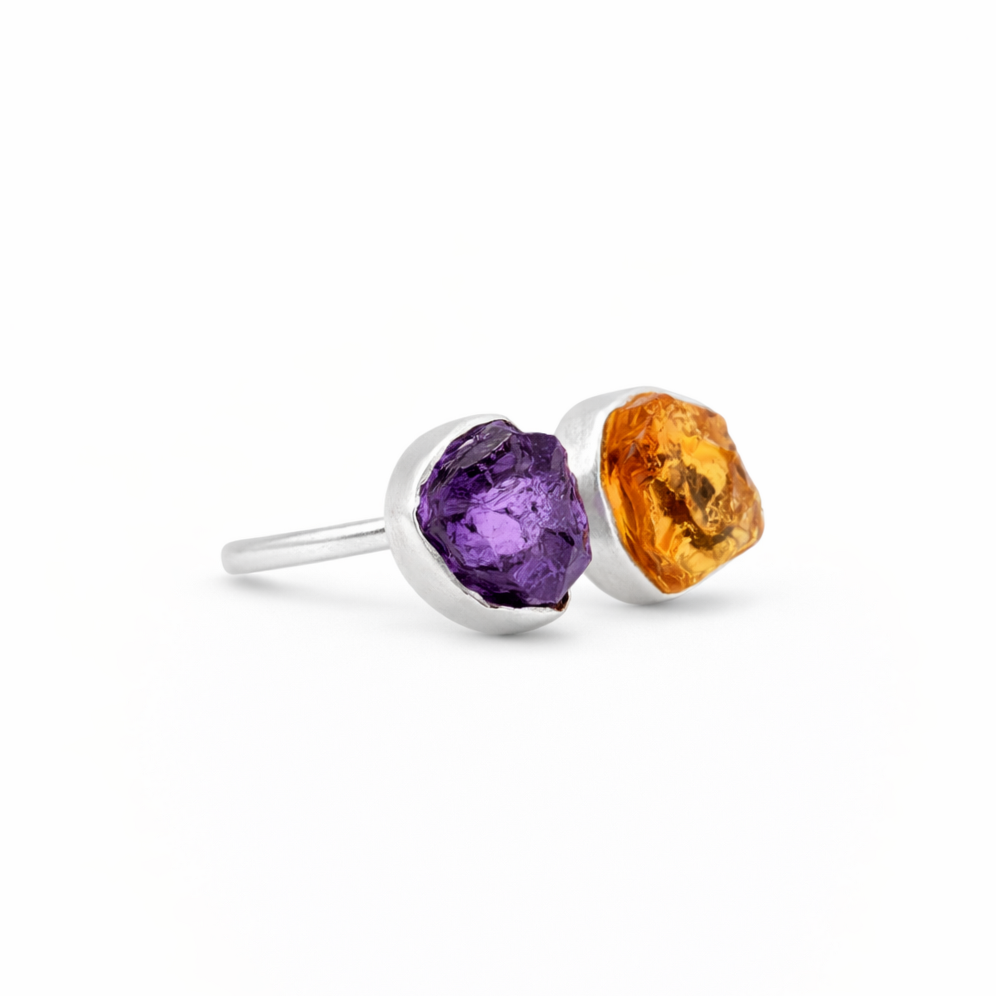 Rough amethyst and citrine twin ring