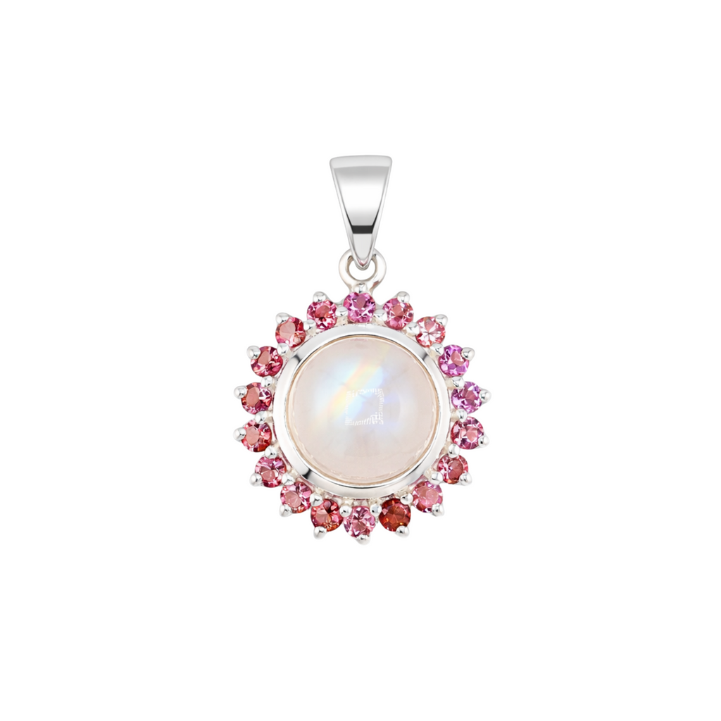Laxmi rainbow moonstone and pink tourmaline pendant