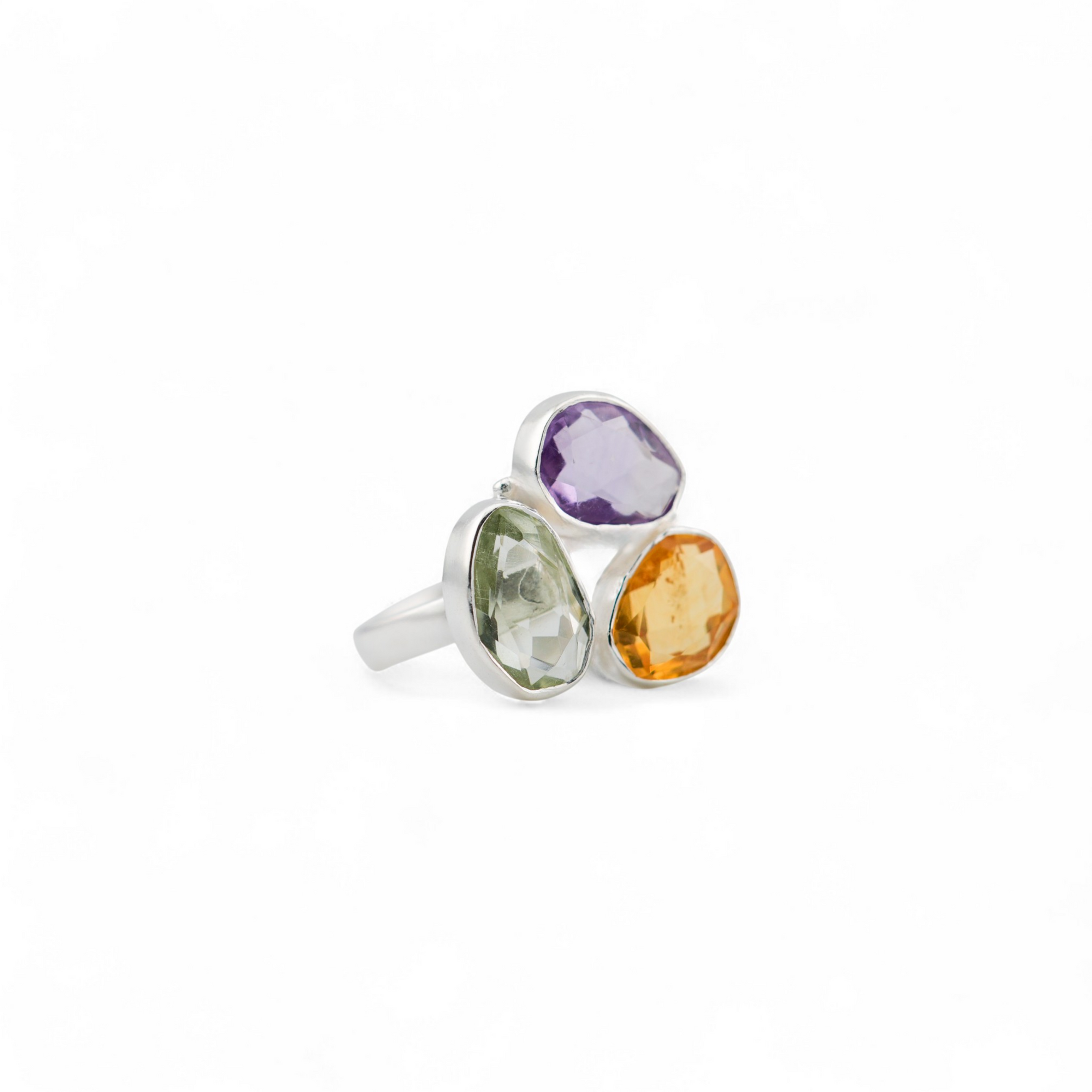 Amethyst, citrine and green amethyst trinity ring